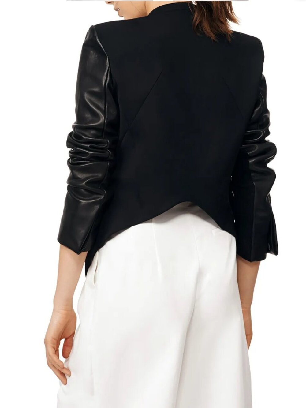 Helmut Lang Collarless Blazer Jacket with Leather Sleeves - Size 4 - Picture 2 of 11